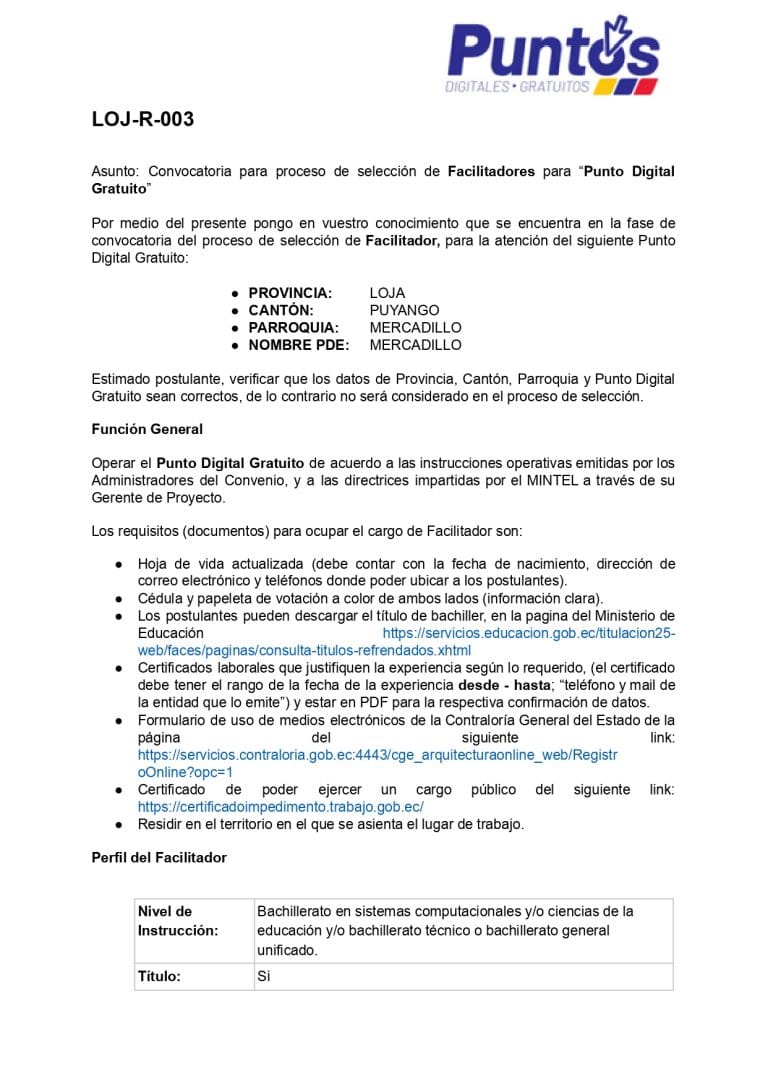 Convocatoria para proceso de selección